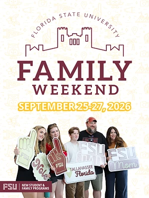 The image is an advertisement for Florida State University's Family Weekend event taking place on September 25-27, 2026, featuring a group of five people holding FSU-themed signs.